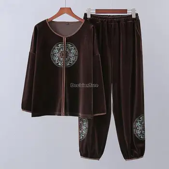 2023 осень китайский ретро стиль бархатный костюм танг большой размер круглый воротник вышивка блузка с длинным рукавом брюки из двух частей s880