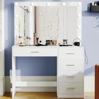 Keehusux Туалетный столик с большим зеркалом и 3 цветными регулируемыми лампами, туалетный столик для макияжа в спальне с зарядной станцией, платье для макияжа