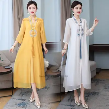 2024 китайское винтажное платье улучшенный ципао национальная цветочная вышивка шифон ципао этническое вечернее платье восточное платье ханьфу