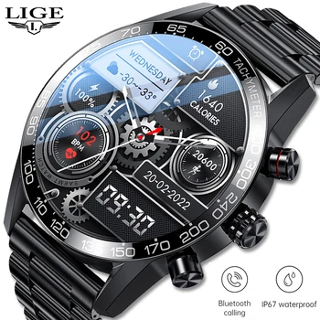Lige Bluetooth Вызов Смарт-часы Перезаряжаемые часы для мужчин Умные часы AMOLED HD Экран Мода Бизнес Часы Новый Smartband