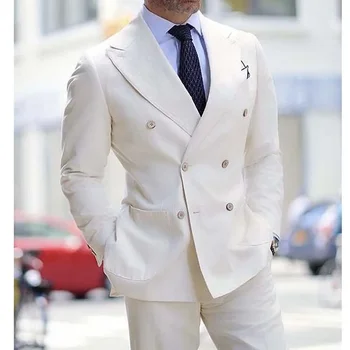 Мода Пик Лацкан Двубортный Льняной Мужской Костюм Slim Fit Chic Smart Casual Свадебный смокинг Белый 2 шт. Комплект Костюм Homme