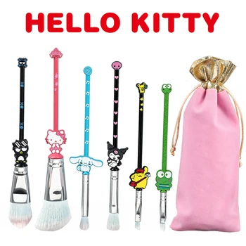 6 шт. Sanrio Hello Kitty Kuromi Наборы кистей для макияжа Kawaii Foundation Blending Blush Concealer Eyebrow Powder Brush с мешочком