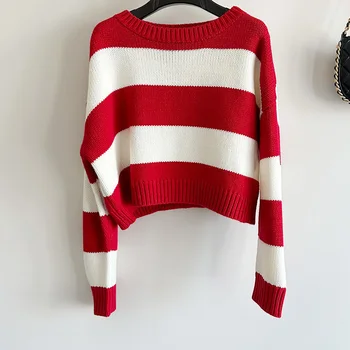 Модный красный белый полосатый свитер с о-образным вырезом Высокое качество из чистой шерсти Трикотажный пуловер Осень Подиум Женщины Элегантный Повседневный Свободный Офисный Топ