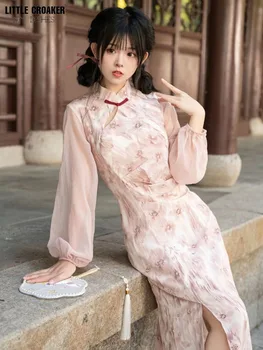 Женщины Qipao Новый китайский стиль Улучшенный Qipao для девочек Весна/лето Cheongsam 2023 Новое французское роскошное розовое фрагментированное цветочное платье