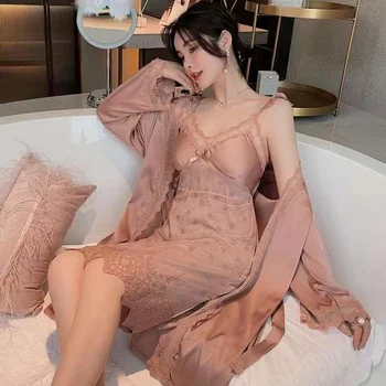 ALherff 2024 Новый женский роскошный пижамный комплект из весеннего ледяного шелка, удобное и свободное кружево в сочетании с сексуальным ночным бельем