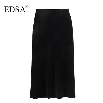 EDSA Женская мода Черная бархатная юбка миди Высокая эластичная талия Повседневные девушки для вечеринок Уличная одежда