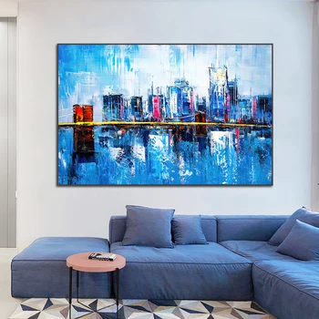 Абстрактная текстурированная синяя строительная картина маслом 100% ручная роспись современная живопись на холсте настенное искусство для гостиной домашний декор