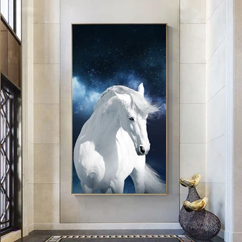 Картина животных Белая лошадь на звездном фоне Плакаты Принты Домашний декор Холст Живопись Настенное искусство Картины Декор гостиной