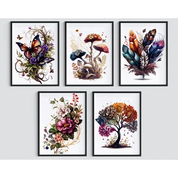 Набор из 5 цветочных деревьев гриб МинджоПринты Плакаты Печать Декоративный холст Живопись Гостиная Спальня Стены Искусство Домашний декор