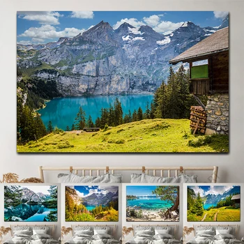Природные пейзажи Швейцария Пейзажи Холст Живопись Горное озеро Плакаты и принты для украшения гостиной Куадрос