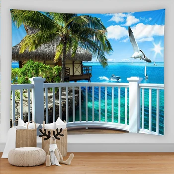 3D-печатный гобелен с видом на море Пляж Растение Природа Пейзаж Настенный Висячий Дом Гостиная Спальня Декор Эстетический гобелен Tapiz