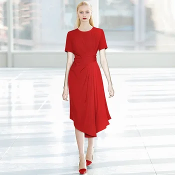 Новый модельер Летние женские O Neck с короткими рукавами Драпированные тонкие асимметричные красные повседневные платья