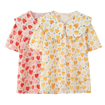 большой размер женская винтажная рубашка 2023 весна корейская мода сладкая блузка с воротником Питера Пэна женские летние топы с принтом сердца