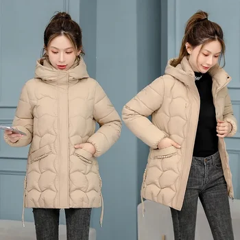 2023 Новая корейская мода Элегантные женские мягкие хлопковые пальто Парки с капюшоном Meidum Длинная теплая зимняя куртка пуховик пальто