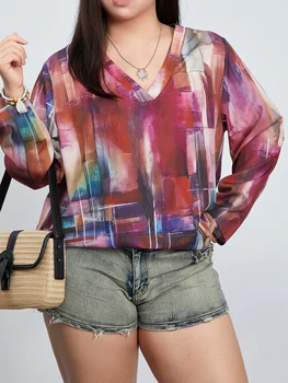 Женские футболки с V-образным вырезом Модные топы свободного кроя с длинным рукавом и графическим принтом Весна-летние рубашки