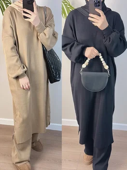Ид Мусульманское платье Брюки Набор из 2 предметов для женщин Вязаное платье-свитер и широкие брюки Марокко Дубай Зима Abaya Vestidos Длинный халат