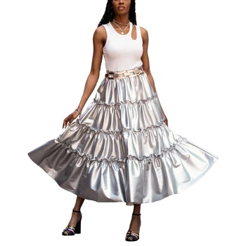 Женская летняя однотонная юбка для торта Серебристая многоуровневая металлическая плиссированная струящаяся юбка миди А-силуэта для вечеринки в путешествии