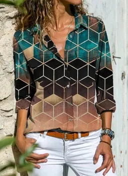  Всематчевая элегантная рубашка Женщина с принтом и длинным рукавом Женская рубашка Праздничный повседневный свободный топ