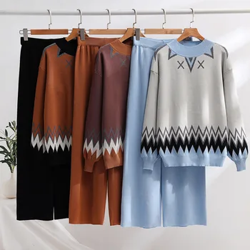  Повседневные геометрические цветовые коллизии Трикотажные женские комплекты из двух частей Зимние свитера Соответствующие наборы 2 шт. Трикотажный костюм Наряды