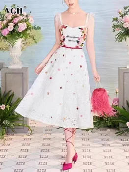 VGH вышивка цветочные платья для женщин с квадратным воротником без рукавов с высокой талией сращенные оборки элегантное платье женская модная одежда