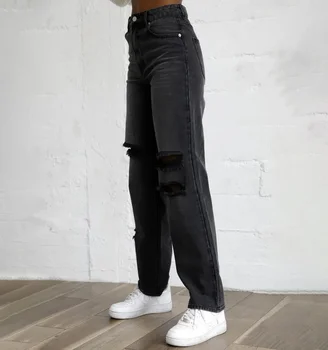 2023 Модная одежда Модные повседневные длинные джинсовые брюки Подруга Высокая талия Рваные черные брюки Женщины носят рваные черные джинсы