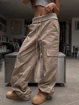  Женские мешковатые брюки-карго складываются на талию Однотонные брюки-парашют Повседневные брюки