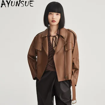 AYUNSUE 100% натуральная кожаная куртка для женщин 2023 Новая мода Короткая натуральная дубленка Свободные кожаные куртки Байкерская уличная одежда