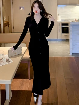  Черное трикотажное платье поло с воротником поло с длинным рукавом Женское весеннее элегантное облегающее платье для вечеринки 2023 корейское винтажное платье Hepburn Prom Dress