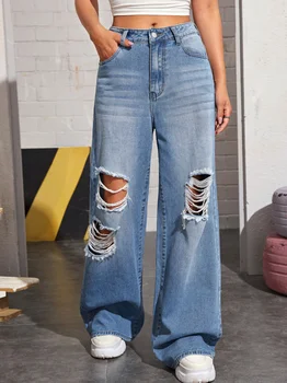 Джинсовая ткань с высокой талией Перфорированная стирка Модные джинсы Женская мода Широкие брюки с разрезом Женские хлопковые джинсовые джинсы Свободные расслабленные джинсы для мамы