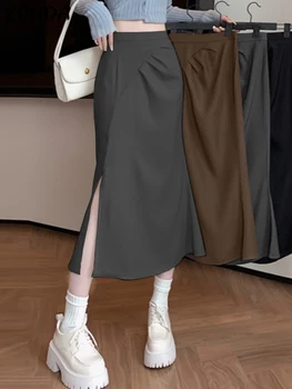 VONDA Женщины Элегантные юбки миди 2023 Лето Повседневная плиссированная однотонная юбка с разрезом с высокой талией Свободные плиссированные длинные брюки Оверсайз