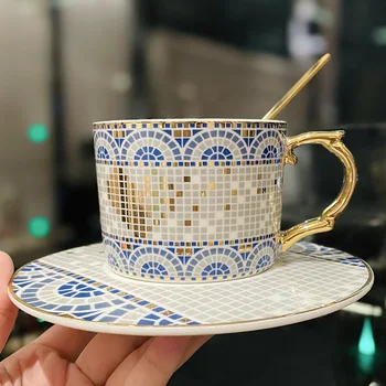  Европейский позолоченный геометрический плед керамическая кофейная чашка изысканный подарок кружка пара десерт молочная чашка офисная кружка для воды домашний декор