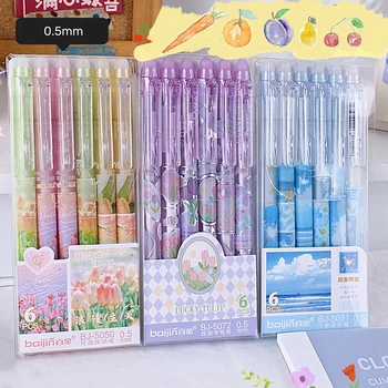 6PCS Ins Стираемые нейтральные ручки Цветочный ландшафтный дизайн Гелевая ручка Kawaii Press Pen с ластиками для школьного офиса Корейские канцелярские товары