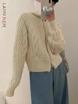 LANMREM Корейский стиль Вязаный короткий свитер Пальто Женщины Водолазка Молния Однотонная одежда Мода 2023 Зима Новинка 2AA3243