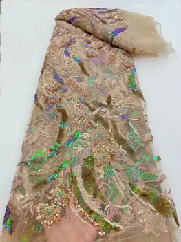 Новые блестки Французские нигерийские кружевные ткани 2021 Высокое качество ручной работы Вышивка Бежевый тюль Африканские кружева Ткань для свадьбы