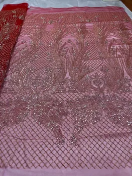 Party Sequence Кружевная ткань Нигерийский блестящий тюль Блестящие ручные хрустальные бусины Свадебный 2023 Высокое качество Бисер Африканская французская сетка