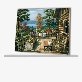Цифровая картина маслом Лесной сад Кресло-качалка Стол Деревянный дом Пейзаж Рисование на холсте Украшение дома Краска по номерам