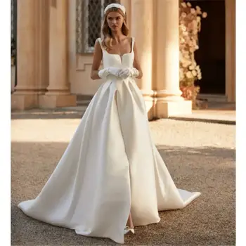  Изготовленное на заказ свадебное платье А-силуэта без рукавов 2024 Квадратный воротник Придворный поезд Принцесса Платье невесты Большие размеры Vestido De Novia