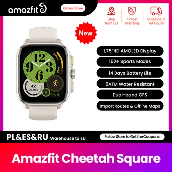 [Мировая премьера] Умные часы Cheetah Sqaure 1,75 дюйма HD AMOLED Дисплей Max Track Двухдиапазонный GPS 150 + Спортивный режим Смарт-часы