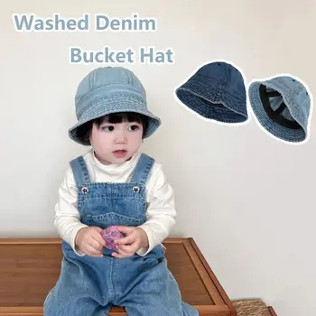 Однотонная вымытая джинсовая шапка-ведро панама кепка для младенцев детская шляпа от солнца головной убор в корейском стиле детская рыбацкая кепка для мальчиков