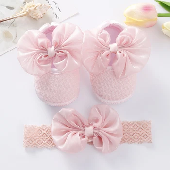  Обувь на плоской подошве для девочки весна и осень Bowknot Soft Sole Anti Slip Crib Shoes + Кружевная повязка на голову Baby Pincess Shoes