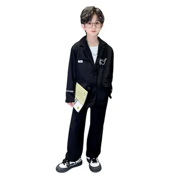 Мальчики Формальный костюм Дети Двубортный блейзер + брюки 2шт Корейские костюмы для выступлений 2023 Осень Подростковая уличная одежда Наряд