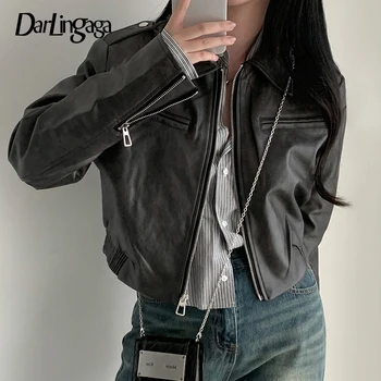 Darlingaga Fashion Черная укороченная осенняя куртка для женщин 2023 Куртки на молнии All-Match PU Leather Пальто Наряды Базовый Полный рукав